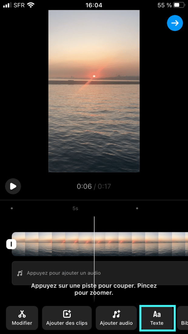option pour ajouter du texte dans l’éditeur de vidéo intégré à Instagram
