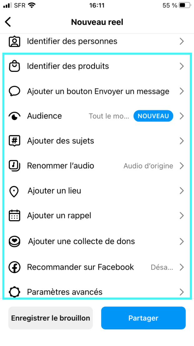 paramètres avancés des reels Instagram