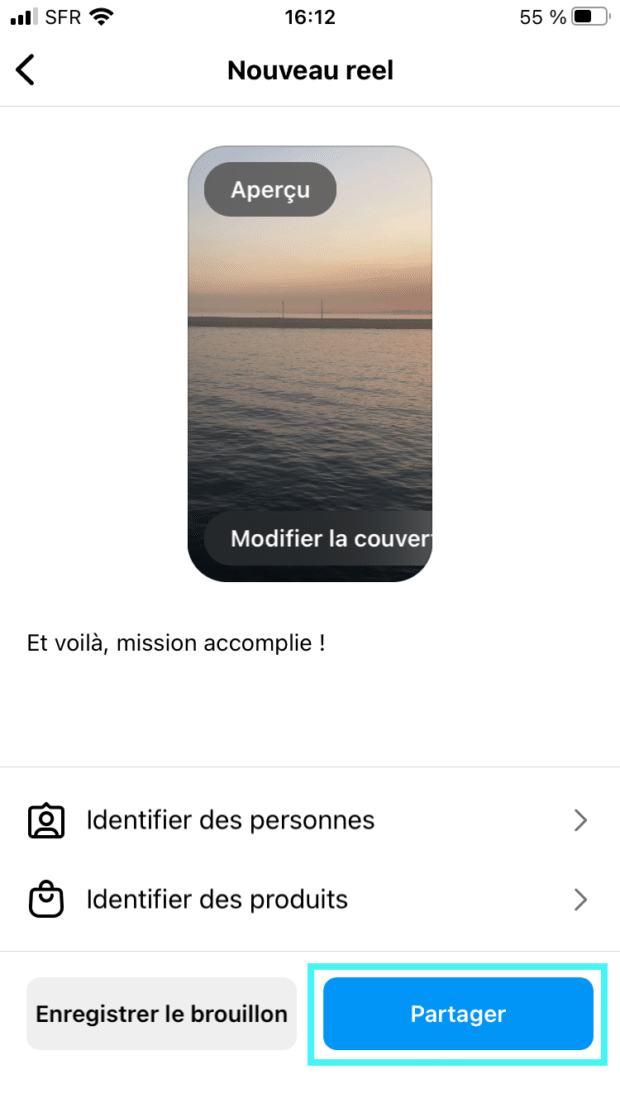 bouton bleu partager pour publier un reel Instagram