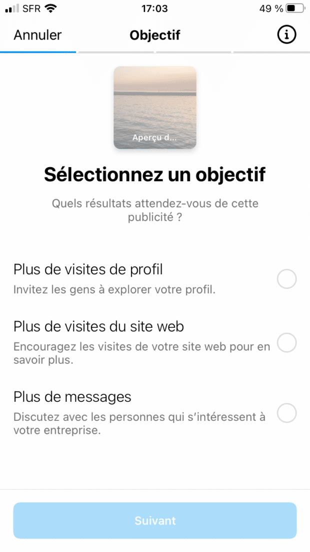 écran sélectionnez un objectif lorsque vous boostez un reel Instagram