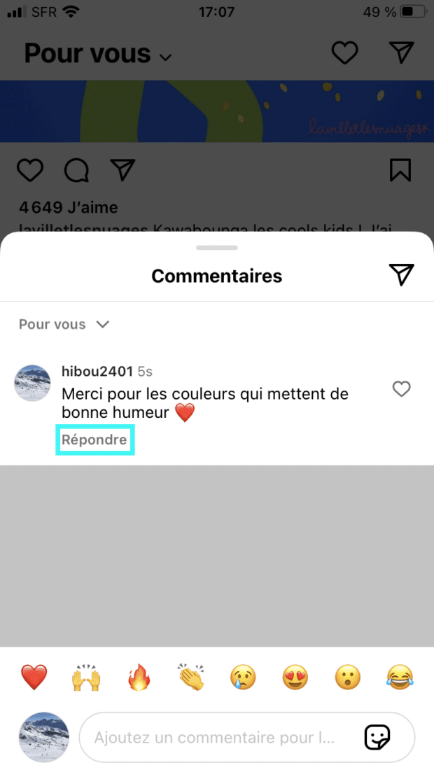 bouton répondre à un commentaire sur Instagram