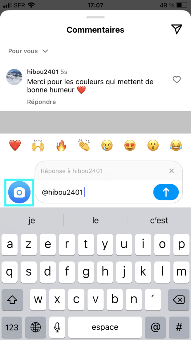 bouton appareil photo dans le champ commentaire sur Instagram