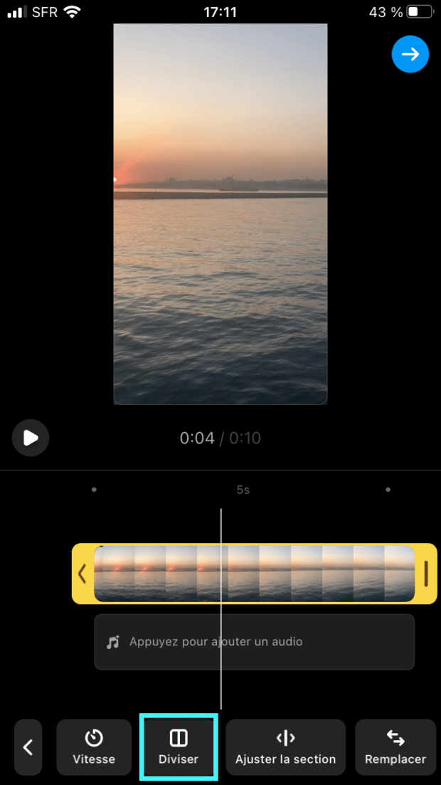 bouton diviser dans l’éditeur de reels Instagram