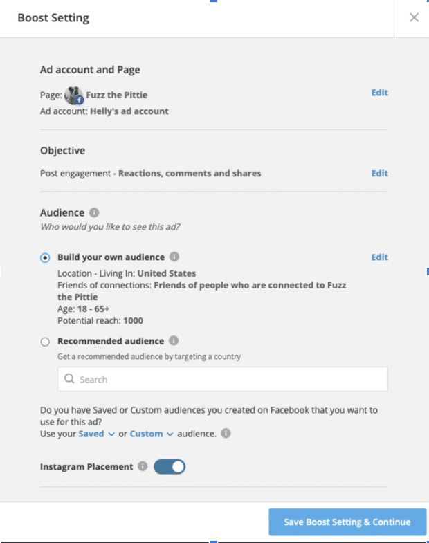 Boost setting ad account and page build your own audience