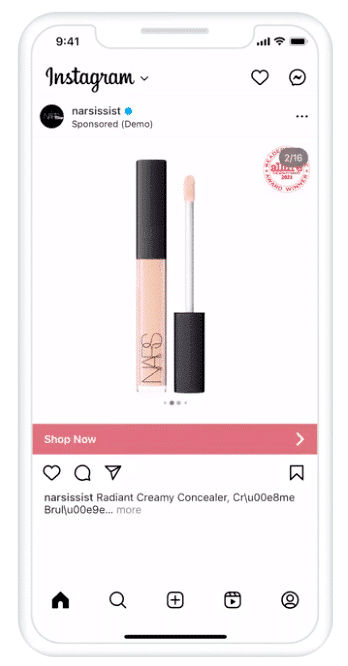 Narcissist creamy concealer Instagram sponsored ad with Shop Now button