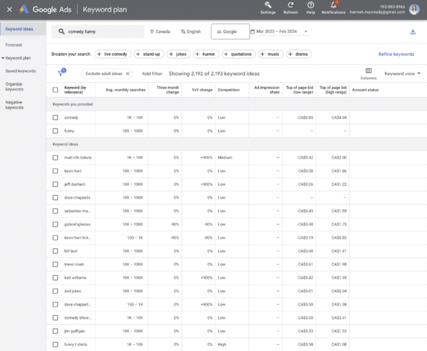 google keyword planner showing keyword variations for comedy and funny