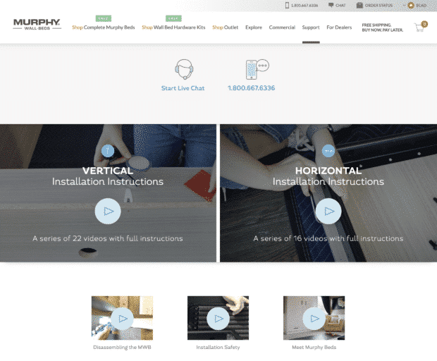 murphy bed canada website with links to youtube videos directly in support page