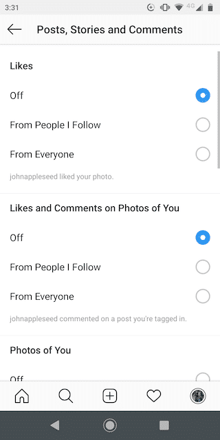 capture d'écran de la page où vous pouvez choisir parmi les différentes options de notification sur Instagram