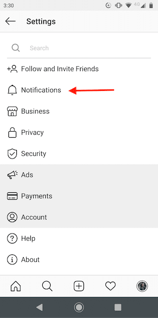 Option Notifications dans le menu settings (paramètres) de Instagram