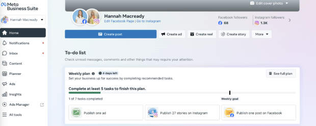 dashboard of facebook business manager for page hannah macready