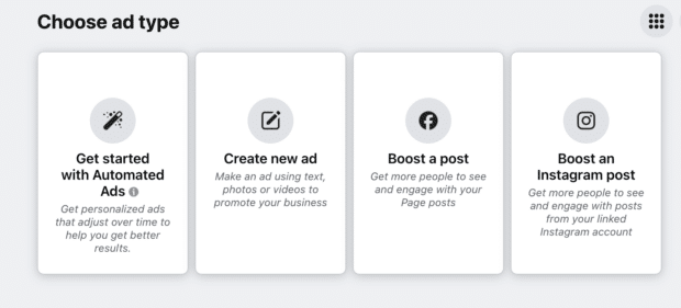 four blocks showing different ad creation options on facebook, including one for automated ads