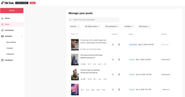TikTok manage your posts