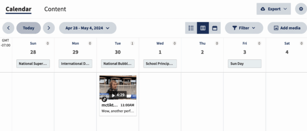 Hootsuite Calendar content overview with scheduled TikTok video