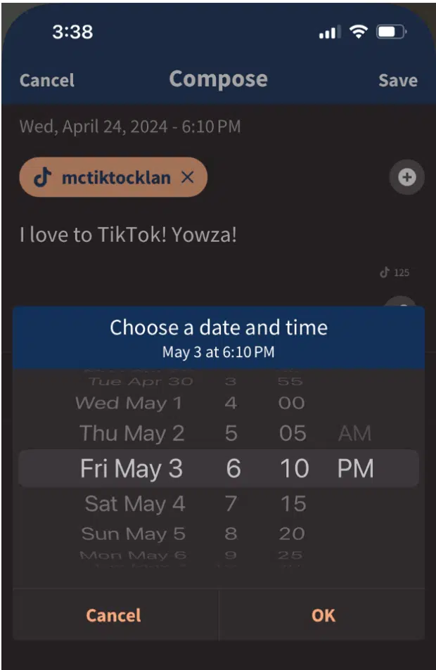 Hootsuite Compose on mobile choose a date and time