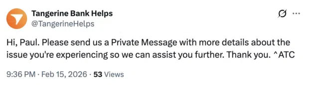 A tweet from Tangerine Bank