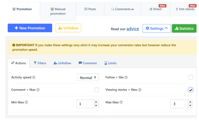 Tablero de automatización de Instamber para configurar los límites