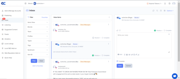 eClincher social inbox dashboard