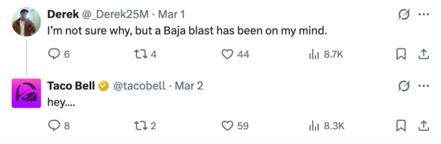 Taco Bell replying to a Tweet mentioning baja blast