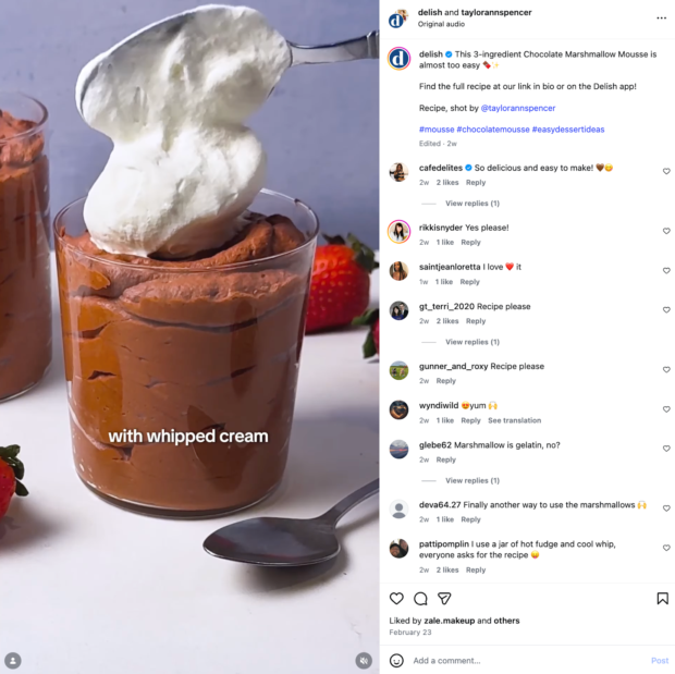 Instagram Reel from Delish that includes a caption directing readers to find the full recipe on their website and app