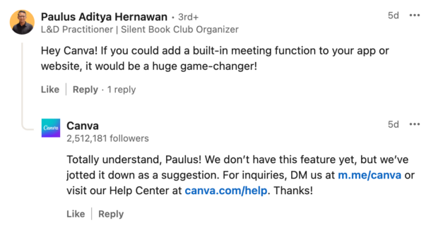 Canva responding directly to customers on LinkedIn