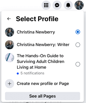 Selecting a Facebook profile from the "Select Profile" menu