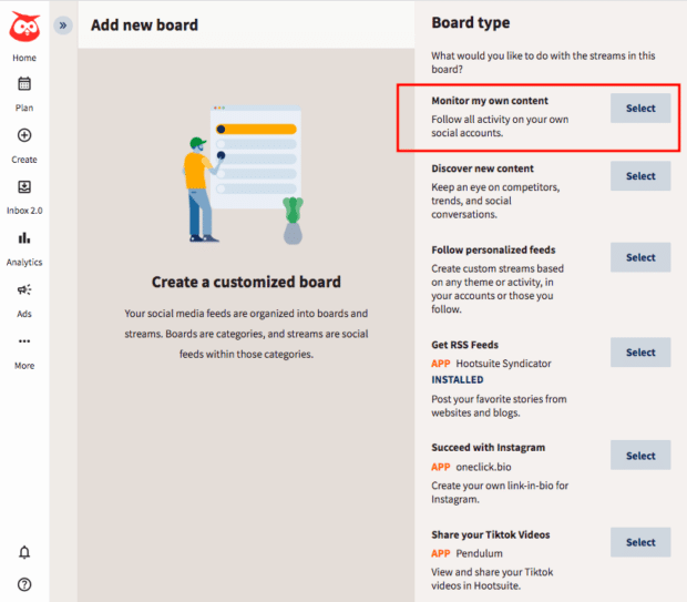 Creating a board in Hootsuite Streams to monitor your content