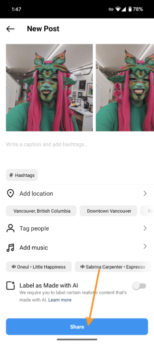 Add caption, location etc details before tapping the Share button at the bottom of the screen