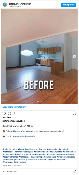 Instagram post from the account before.after.renovation showing the before and after of a living space 