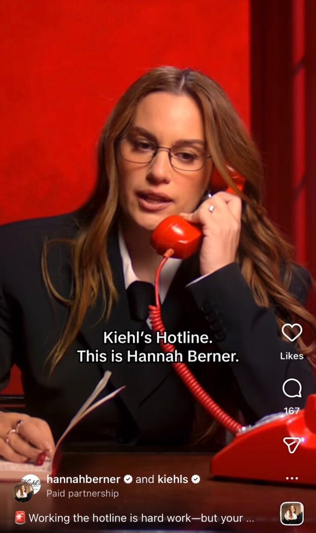 Instagram Reel collab post between influencer Hannah Berner and Kiehl's