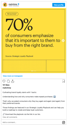 Instagram post from the account mailchimp showing stats on the importance of buying from the right brand 