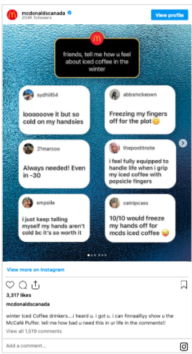 Instagram post from the account mcdonaldscanada showing results from how people feel about iced coffee in the winter
