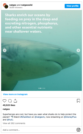 Instagram post from the account natgeo showing what sharks do to protect the planet