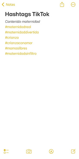 lista de hashtags para contenido de maternidad en TikTok en la app de notas del celular