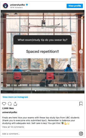 Instagram post from the account universityofbc showing responses to the question: what exam/study tip do you swear by?