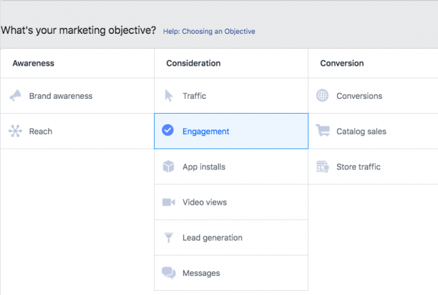 Option de choisir votre objectif publicitaire sur Facebook