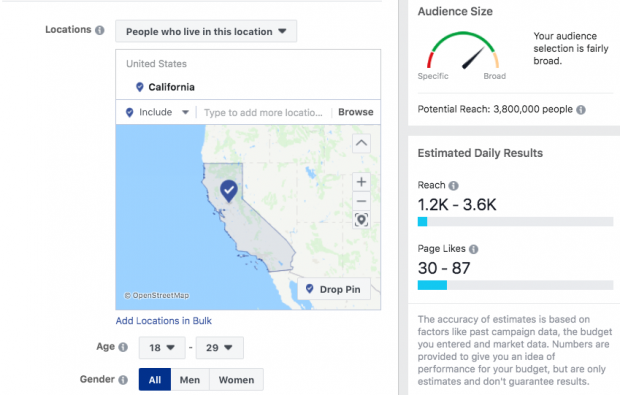 Tahmini hedef kitle boyutuyla birlikte Facebook hedefleme seçeneklerini gösteren sayfa