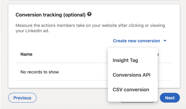 conversion tracking option in LinkedIn ads