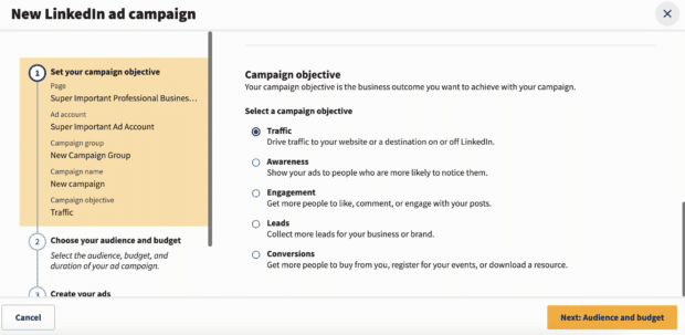 Choose linkedin ad campaign objective