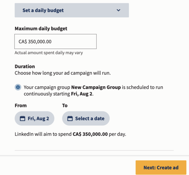 Set LinkedIn ad budget duration