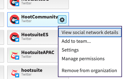 Hootsuite social account highlighted with Settings menu open