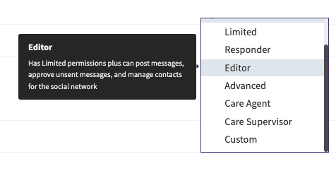 Social media approval process permissions options include limited, responder, editor, advanced, care agent, care supervisor, and custom