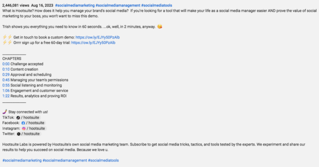 Hootsuite Labs video description with summary time stamps and link to social accounts