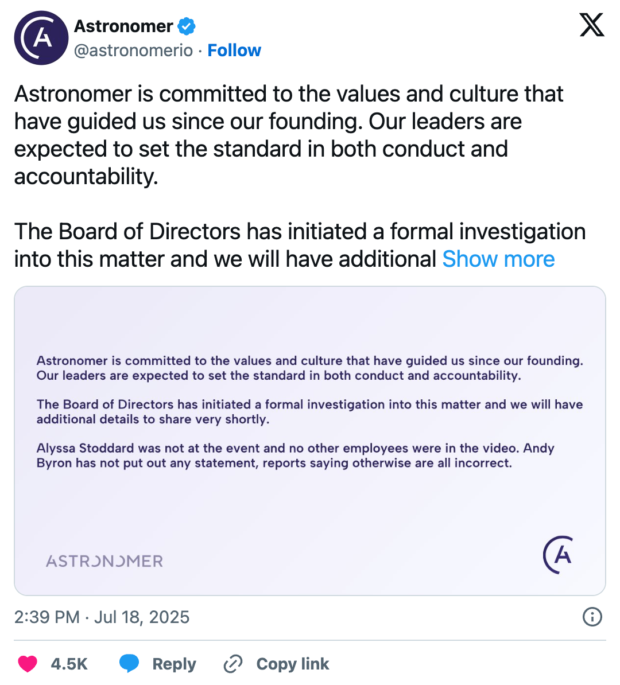 Tweet from Astronomer responding to a social media crisis