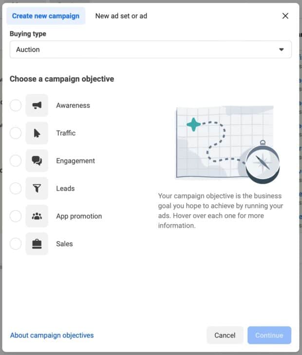 Create new campaign buying type and choose campaign objective