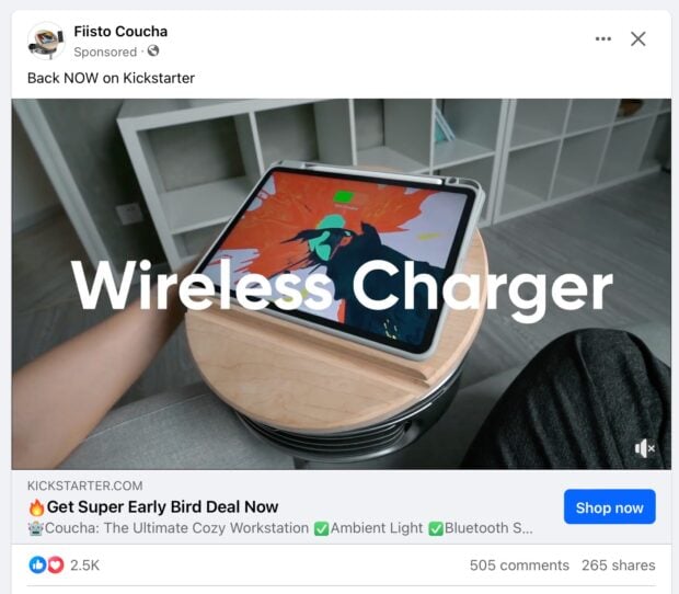 Wireless charger Facebook ad Shop Now button