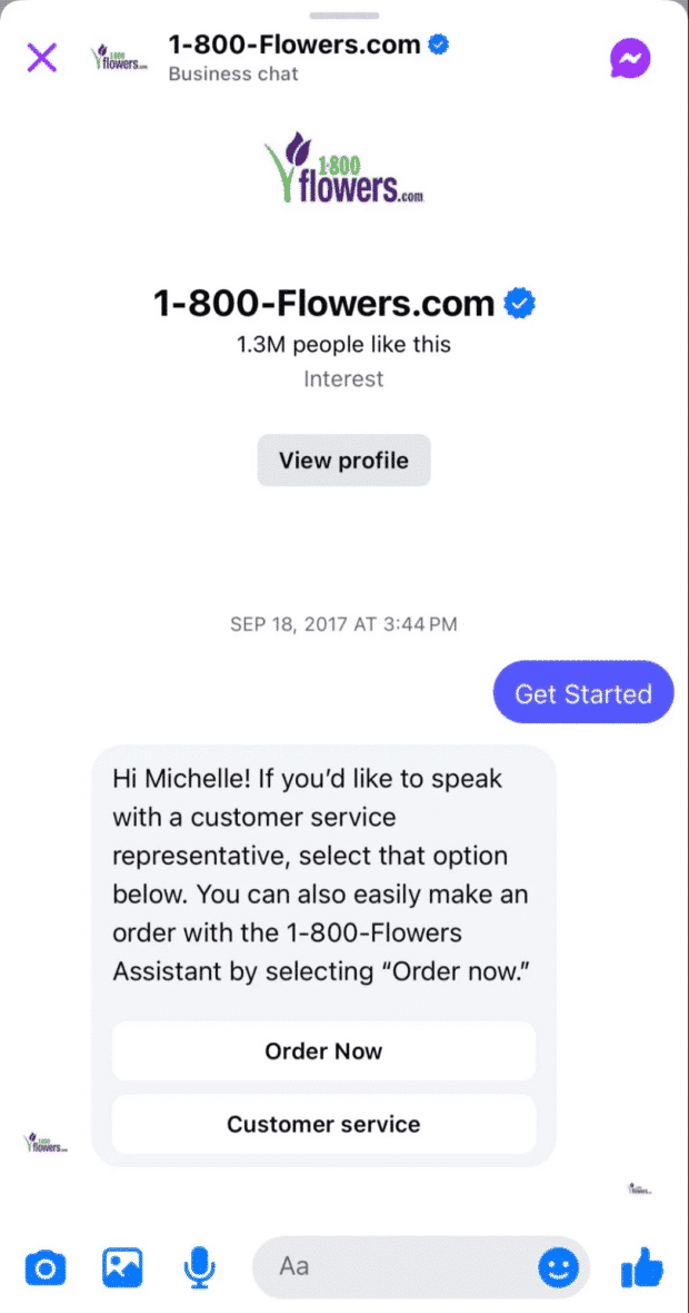 1-800-Flowers Facebook messenger customer service chatbot