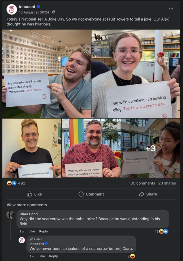 Innocent Drinks Tell A Joke Day trend Facebook photos with comment replies