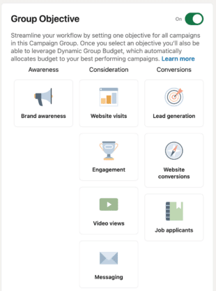 LinkedIn ad campaign objectives grouped under awareness, consideration, and conversions
