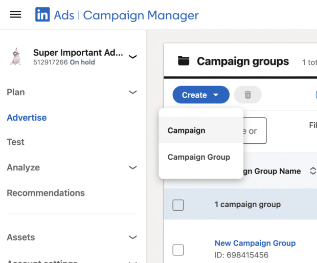 LinkedIn ad campaign manager