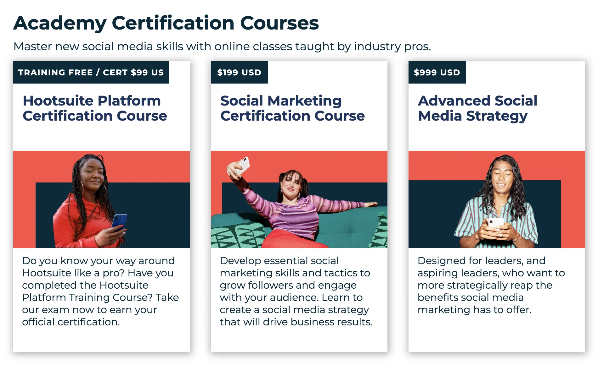 three blocks showing different hootsuite academy courses, including platfor...